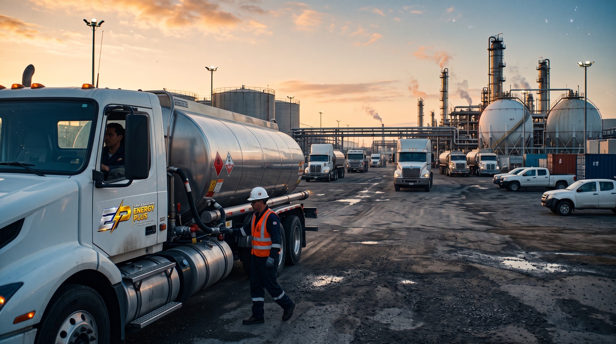 Camión cisterna y operaciones de transporte industrial en instalación energética